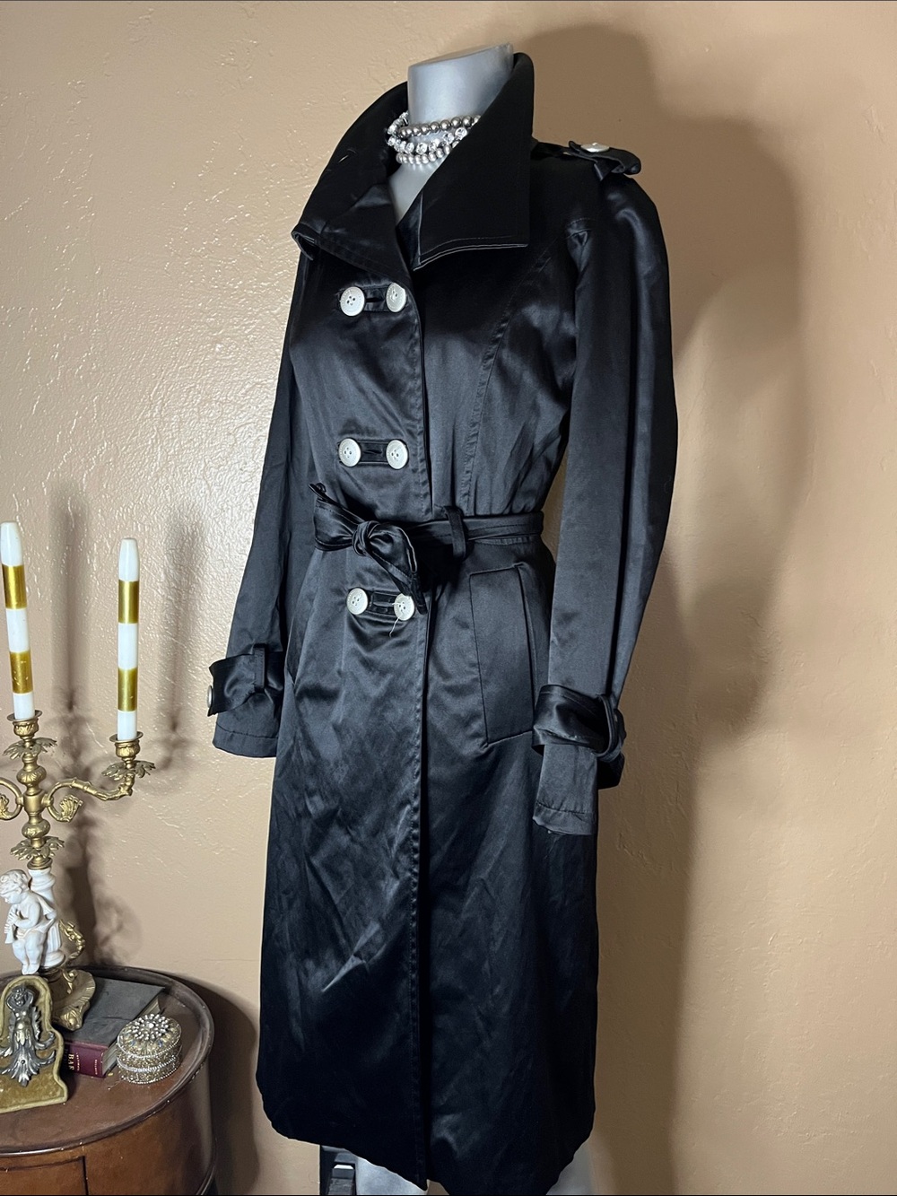 Vintage N.U.F.  Classic Black Satin Trench Coat with Waist Tie.  Sz S